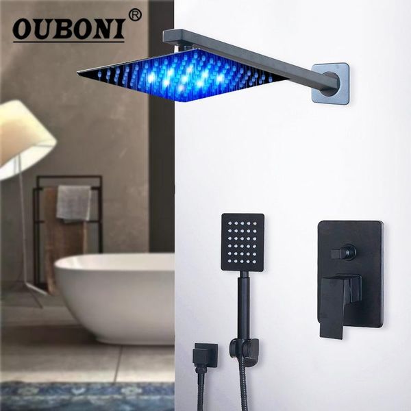 

ouboni 8 10 12 16 inch black painting ultra-thin shower head wall mount bathroom rainfall faucet sets led head hand shower sets