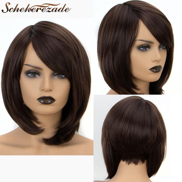

synthetic wigs scheherezade natural straight short bob brown wig with bangs lace front for black women heat resistant daily wear