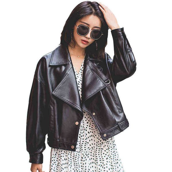 

autumn faux leather jacket women loose turndown collar ladies biker punk jackets single breasted motorcycle leather coats 211118, Black