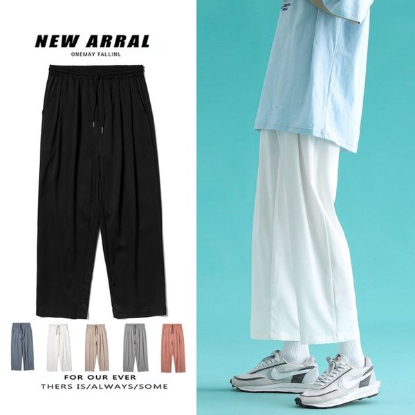 

men's pants summer thin casual fashion multicolor wide-leg men streetwear loose breathable ice silk mens m-5xl gw8c, Black