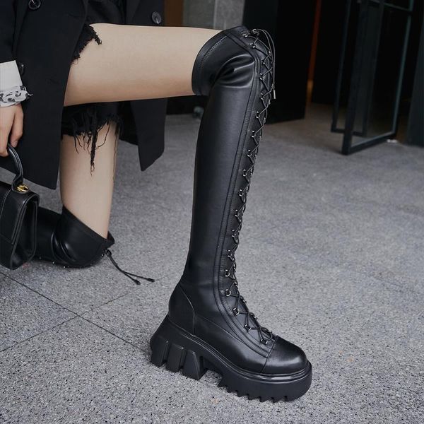 

boots soled thick elastic women's shoes autumn winter leather high tube lace-up over the knee long, Black