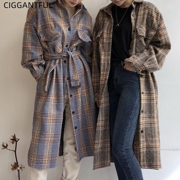 

women's jackets retro british style hit color plaid jacket lapel single breasted belt loose long sleeve wool coat korean chic elegant o, Black;brown