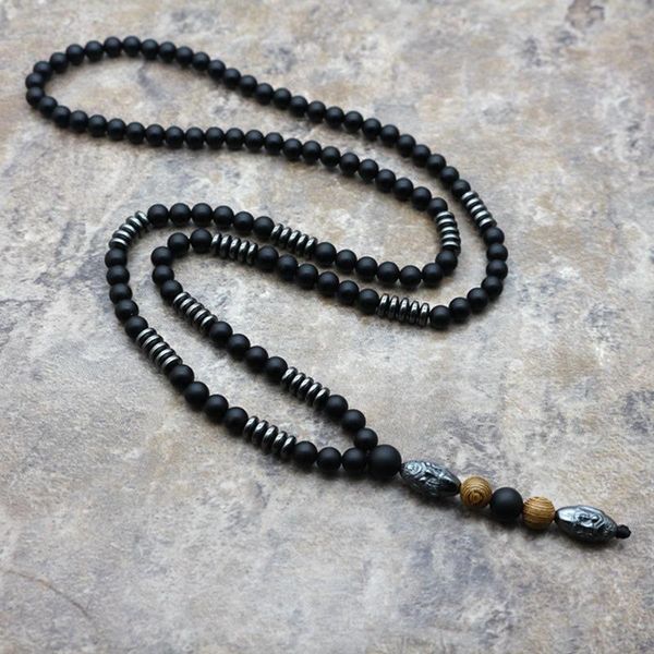 

pendant necklaces design 6mm natural stone carving beads necklace men black hematite long old man head jewelry pq-05, Silver
