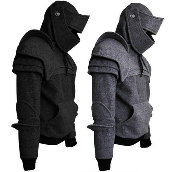 

men's hoodies & sweatshirts men sweatshirt solid color front pocket pullover hoodie medieval style face cover hooded knight halloween c, Black
