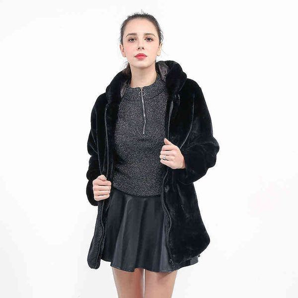 

korean version waist closing black imitation fur mink coat rex rabbit fur coat medium long women's wear 211207