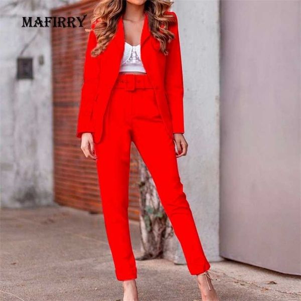 

spring autumn slim fit solid women formal pant suits high waist pencil pants+lapel set two piece female office button outfit 211027, White