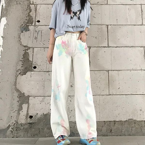 

color tie-dye design white all-match loose straight-leg streetwear jeans 2021 fashion printed high-waisted wide-leg women's, Blue