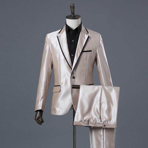 

men's suits & blazers shiny champagne groom wedding suit host singers performance costume slim fit men prom party stage silver jacket p, White;black