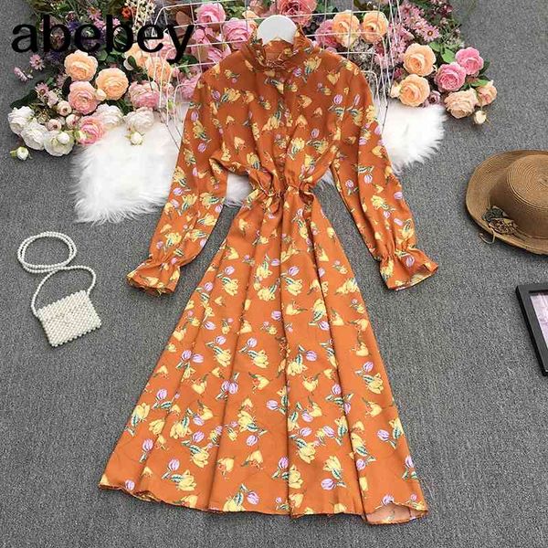 

spring fashion all-match stand collar long sleeve dress waist slim floral print chiffon 210512, Black;gray