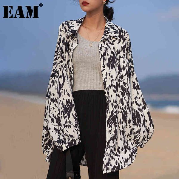 

[eam] women [white pattern printed thin big size blouse lapel long sleeve loose fit shirt fashion spring autumn 1dd8039 21512
