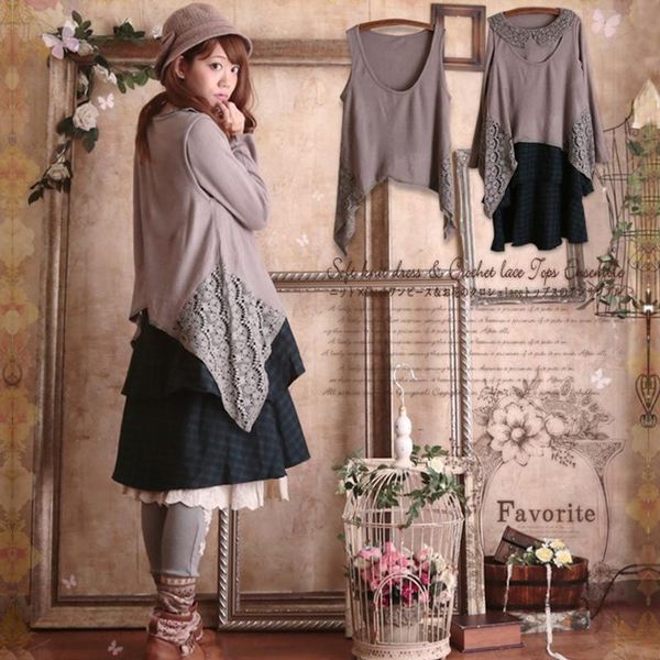 

casual dresses mori girl spring autumn 2 piece lace floral dress women solid cotton shirt irregular flower hollow ladies vestidos t430, Black;gray