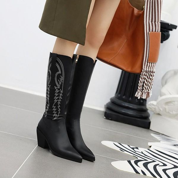 

boots oversized -6 women woman winter shoes botas embroidered decorative side zipper tip thick heel, Black