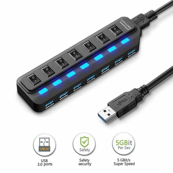 

hubs 7-ports usb 3.0 hub adapter with on/off switch 5gbps high speed for pc laptop