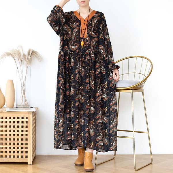

autumn floral maxi dress v neck buttons a-line casual long sleeve printed boho chiffon women plus size robe dresses, Black;gray