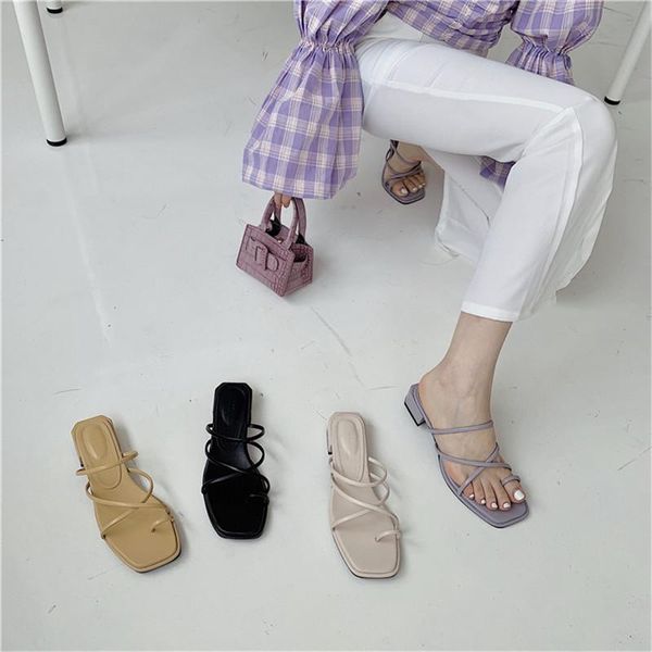 

slippers sandals thick heel 2021 summer style women's shoes temperament fairy with skirt set toe roman and, Black