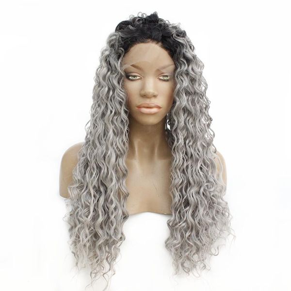 

synthetic wigs lace front wig long kinky curly heat resistant ombre gray part replacement for black women