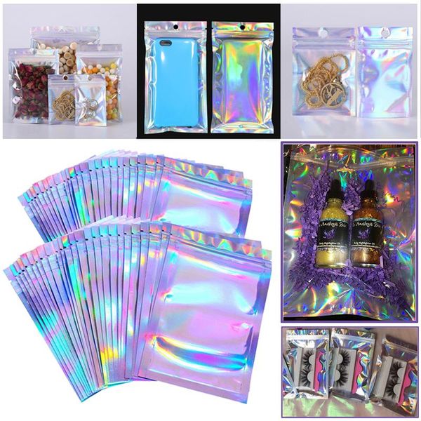 

jewelry pouches, bags eyelashe package in bulk holographic laser zip lock bag necklace storage custom brand logo sticker wholesale idea gift, Pink;blue