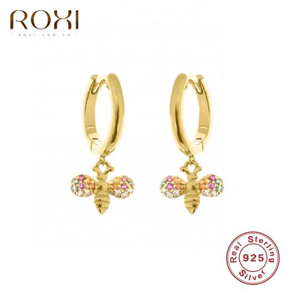 

lovely colorful gemstones bee hoop earrings for women girl gift cartilage 925 sterling silver jewelry pendientes & huggie, Golden;silver