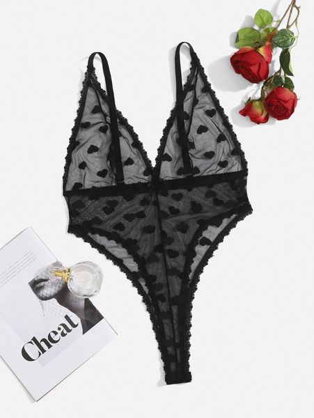 

plus heart pattern mesh teddy bodysuit n3hc#, Black;white