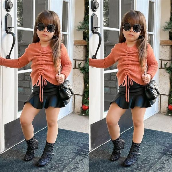 

clothing sets 1-5y toddler kids clothes set baby girls ruffle ribbed lace-up t-shirt + leather skirts 2pcs outfits sutumn winter, White