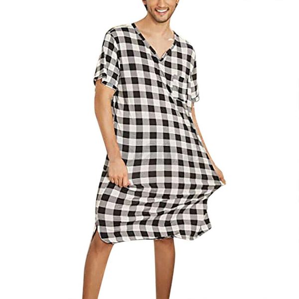 

men's sleepwear casual loose check pajamas for men sleep robes v-neck short sleeve comfort leisure homewear mens bathrobes, Black;brown