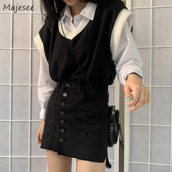 

women's vests sweater vest womens retro loose leisure patchwork ladies v-neck trendy knitted chic clothing female daily kpop temperamen, Black;white