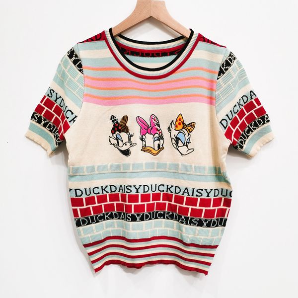 

sweater knit 2021 autumn women's pullover short sleeve contrast cartoon embroidery round neck slim fit thin top, White;black