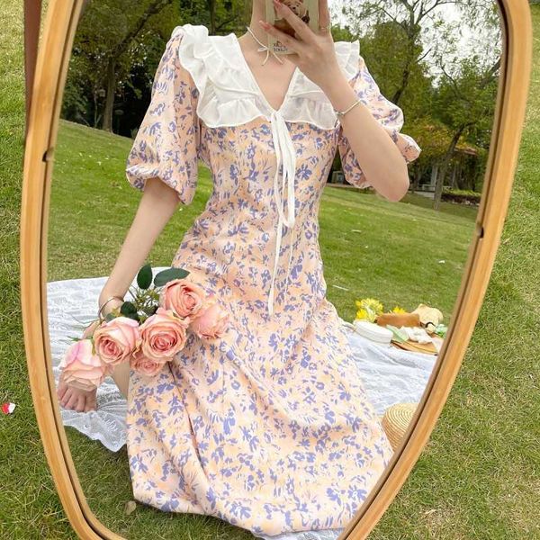 

summer sweet ruffles bow peter pan collar puff sleeve flower print chiffon dress france women chic slim waist casual party 210526, Black;gray