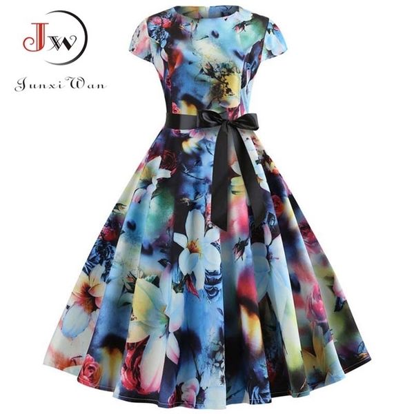 

women vintage dress summer floral print short sleeve dresses 50s 60s office party rockabilly swing retro pinup plus size 210701, Black;gray