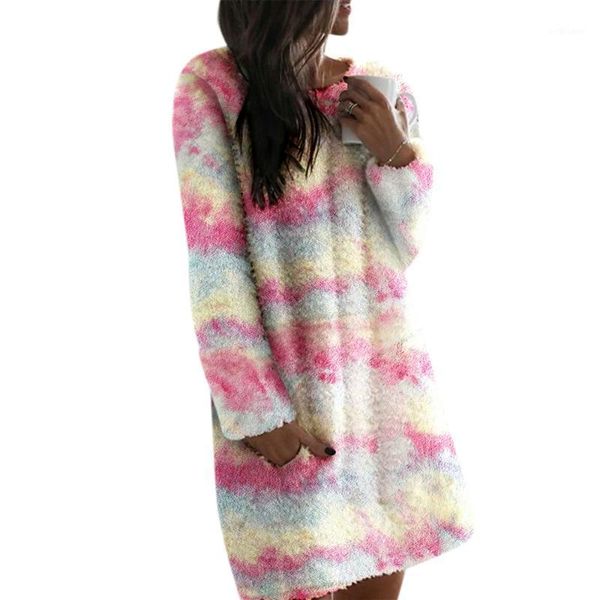 

winter dress for women tie dye floral camouflage print teddy fleece long sleeve mini casual baggy round neck plush dresses, Black;gray