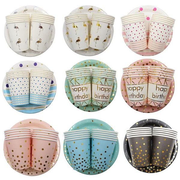 

20pcs/lot colorful gold disposable tableware set paper plate cup for baby birthday party wedding halloween christmas decoration dinnerware
