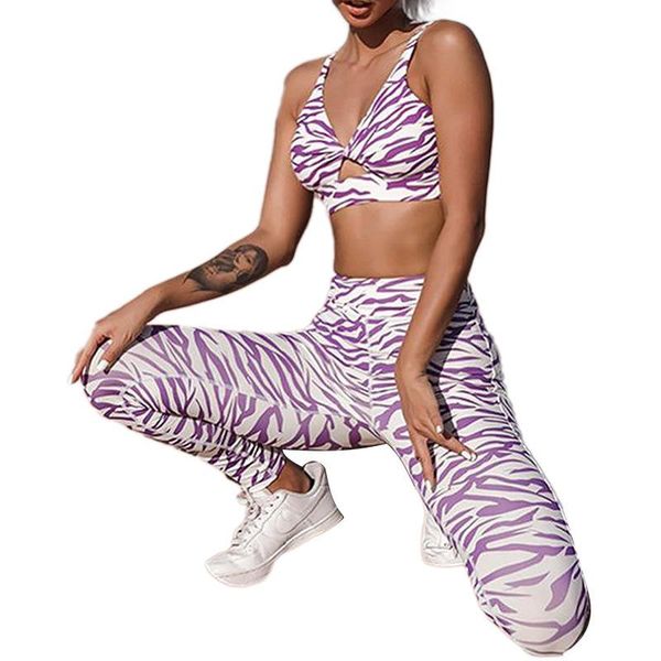 

striped digital printing purple yoga suit sports tight two-piece fitness 2 piece set women gym clothing leginsy damskie outfit
