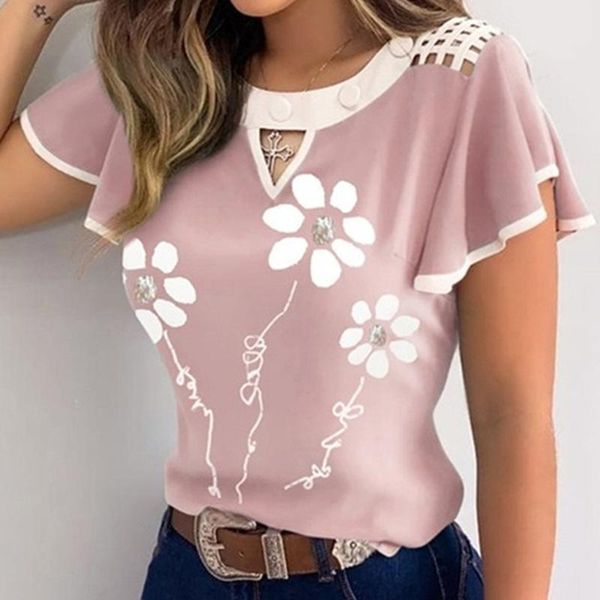 

women's blouses & shirts elegant women printed floral ruffled sleeve chiffon hollow out o neck summer casual femme, White