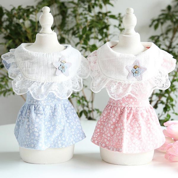 

korean pink blue puppy dog cat princess dress fashion dot stars lace dogs clothes for small medium overalls chihuahua apparel