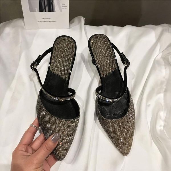 

kmeioo wedding shoes women glitter high heels slip-on mules slingback pumps bling stiletto woman pointed toe bride dress, Black