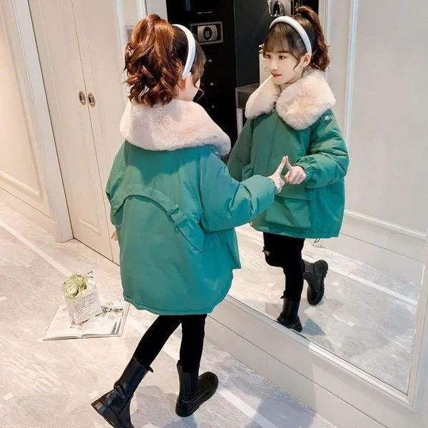 

down coat winter jacket for girls children's clothing korean warm long large artifical fur lapel 5-12 years kids parkas girl, Blue;gray