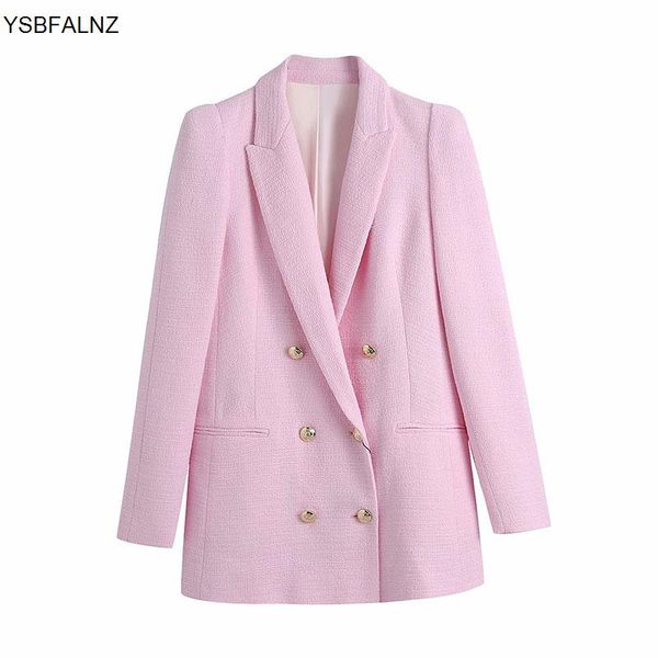 

women 2021 blazer coat fashion double breasted pink tweed vintage long sleeve jacket female outerwear chic veste femme women's suits &, White;black