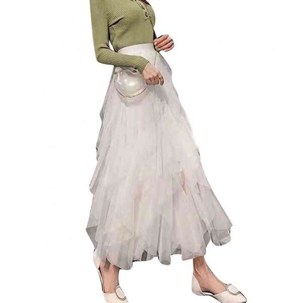 

woman skirt fashion casual autumn solid color high waist elastic mesh ruffled long tulle skirt, Black