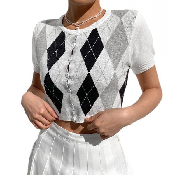 

women's t-shirt knitted sweater short-sleeved round neck vest t shirt european and american plaid 2021 spring summer, White