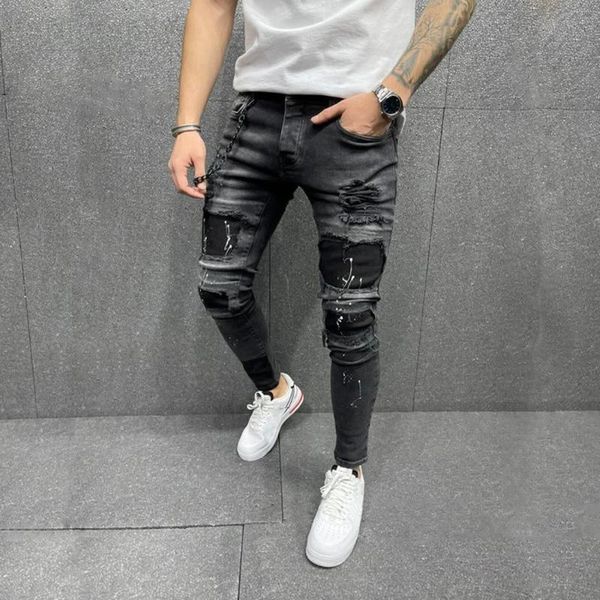 

men's jeans boy hiphop trousers clothes long pencil pant ripped slim blue denim spring hole 2021 fashion thin skinny streetwear jean fo