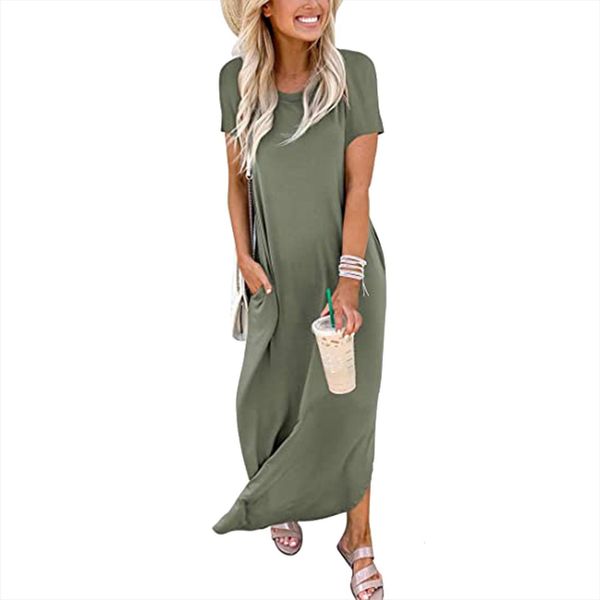 

summer solid short sleeve pocket women dresses casual o neck long maxi loose beach sundress vestidos ladies, Black;gray