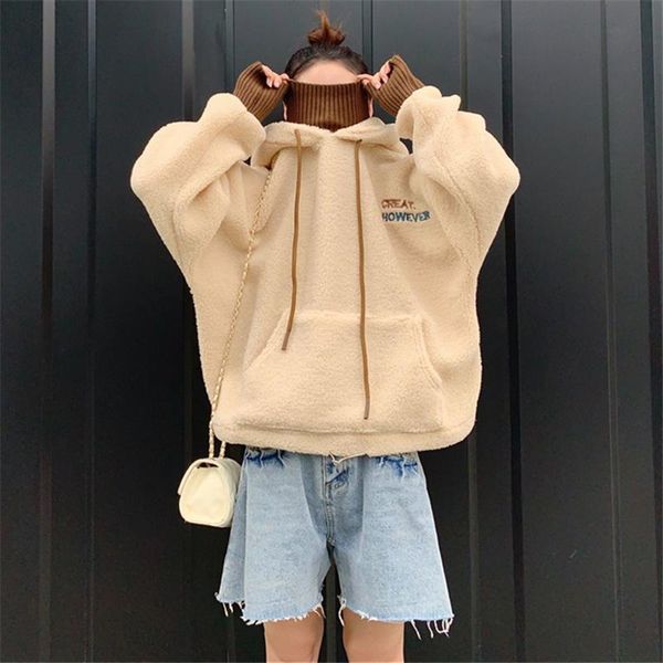 

women's hoodies & sweatshirts turtleneck women teddy bear coat 2021 autumn winter faux fur hoodie furry sweatshirt ladies casual haraju, Black