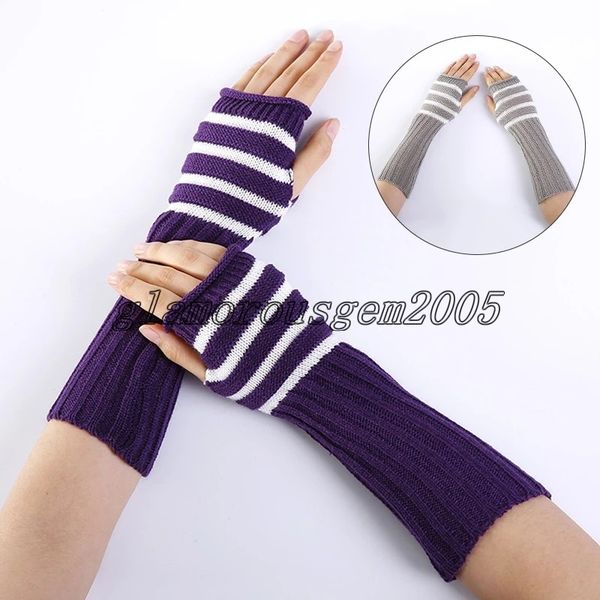 

fashion women lady winter striped long hand gloves warmer knitted warm fingerless gloves mittens christmas accessories gifts, Blue;gray