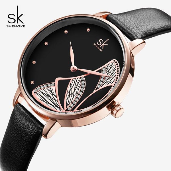 

wristwatches shengke brand women watches dial fashion leather ladies quartz watch clock 2021 sk waterproof wristwatch #k0118, Slivery;brown