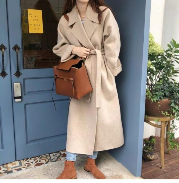 

women's wool & blends 2021 fashion long-sleeved casual retro belt long autumn man-made blended coat winter warm, Black