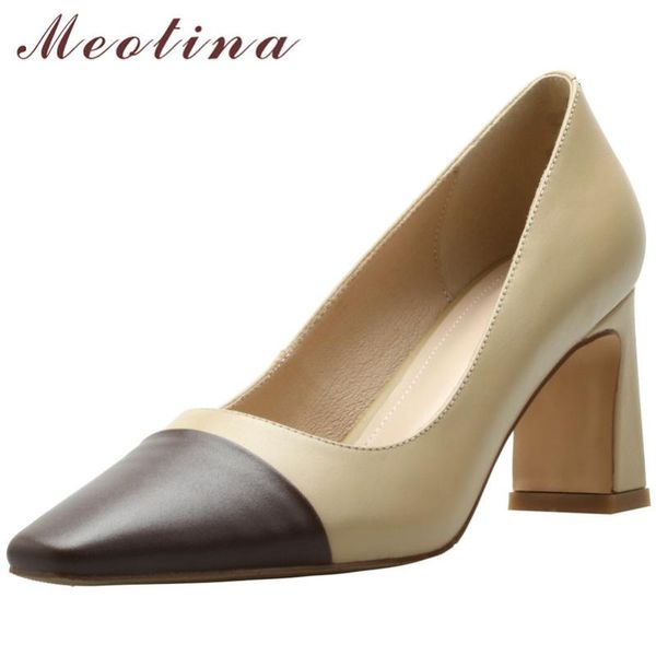 

dress shoes meotina pumps genuine leather woman square toe high heels thick heel slip on shallow female footwear spring 40, Black