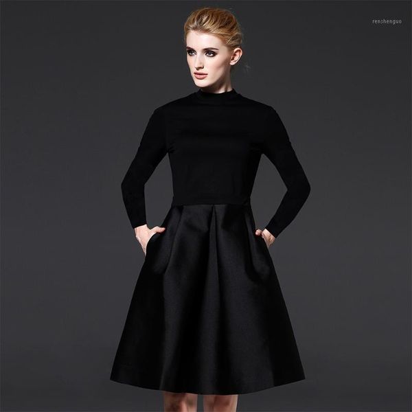

casual dresses women classic dress holiday party gowns black color fit and flare elegant ladies clothes with full sleeve ssd033, Black;gray