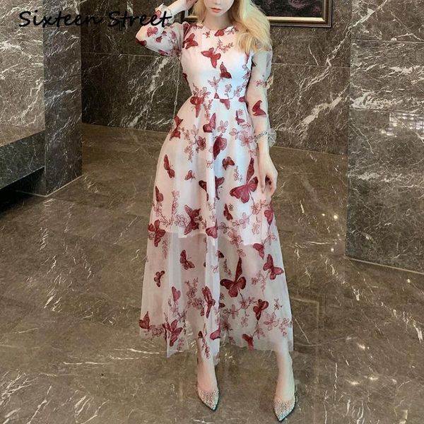 

casual dresses butterfly embroidery mesh dress woman fall fill-sleeve vintage o-neck vestidos maxi party spring female clothing, Black;gray