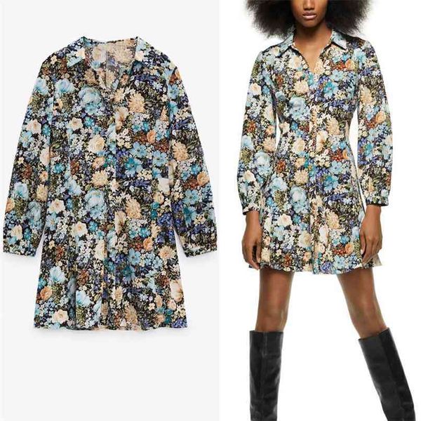 

elegant flower print mini shirt dress women long sleeve fit party dresses woman chic front button vintage short vestido 210524, Black;gray