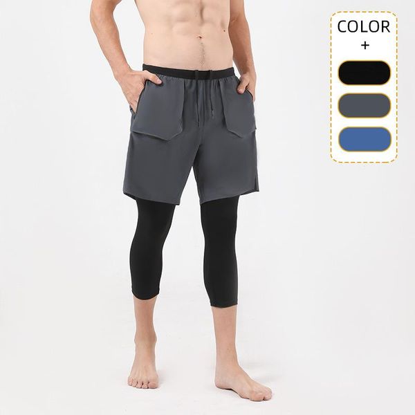 

running shorts fake two-piece sports mens pro marathon fitness stretch tights quick-drying breathable seven-point 2 in 1, Black;blue